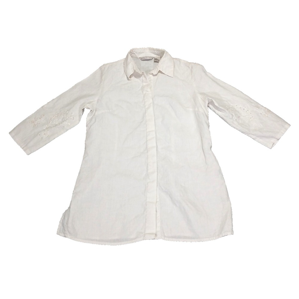 Peter Martin Size 8 Linen Button Up Collared White Blouse Long Sleeves